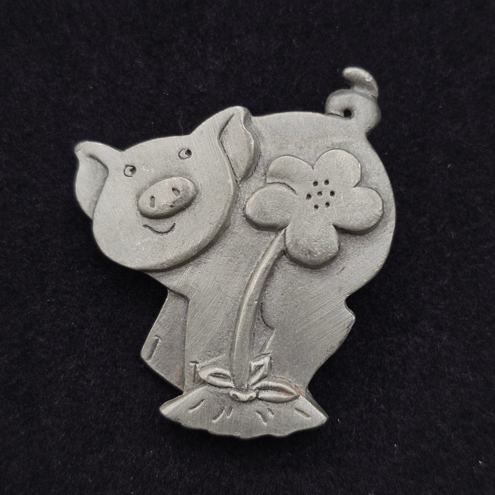 Pewter Pig Brooch Vintage 1998 Flower Lapel Pin Signed Mali Farm Barn Animal
